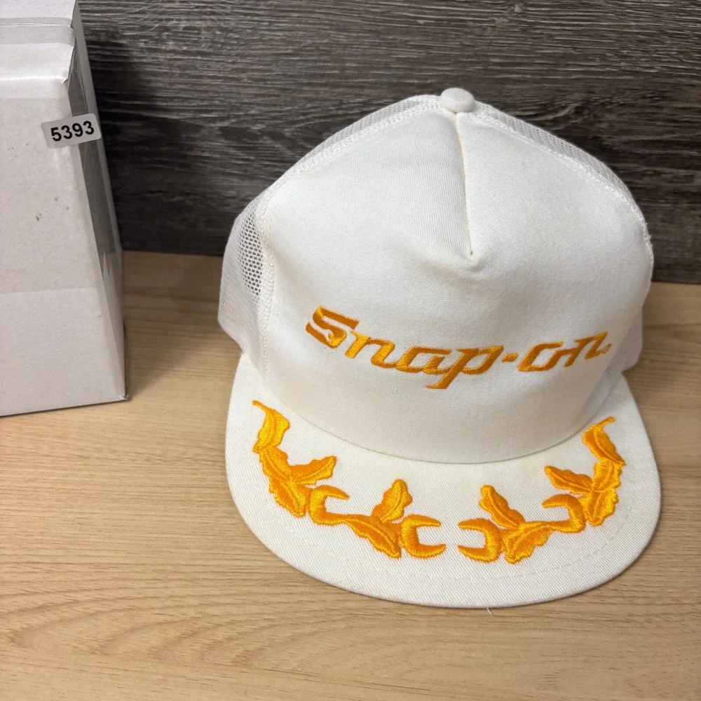 VINTAGE Snap On‎ Hat Cap Snap Back White Yellow Tools Trucker Mesh K Prodcuts